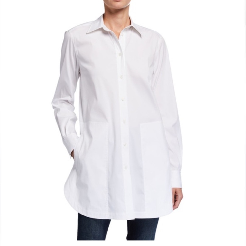 Lafayette 148 New York white button up long Tunic oversized button up shirt sz 2